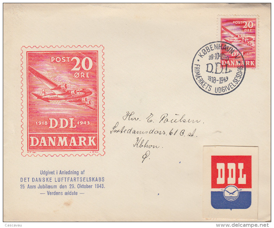 Enveloppe  1er  Jour   DANEMARK    Société  Danoise  De  Navigation  Aérienne   1943 - FDC