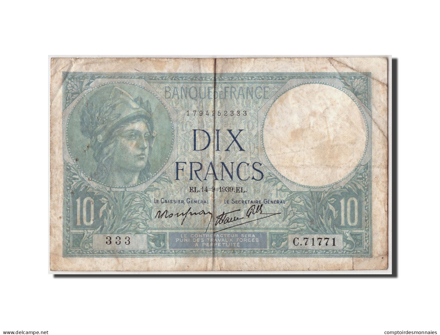 Billet, France, 10 Francs, 10 F 1916-1942 ''Minerve'', 1939, 1939-09-14, TB+ - 10 F 1916-1942 ''Minerve''