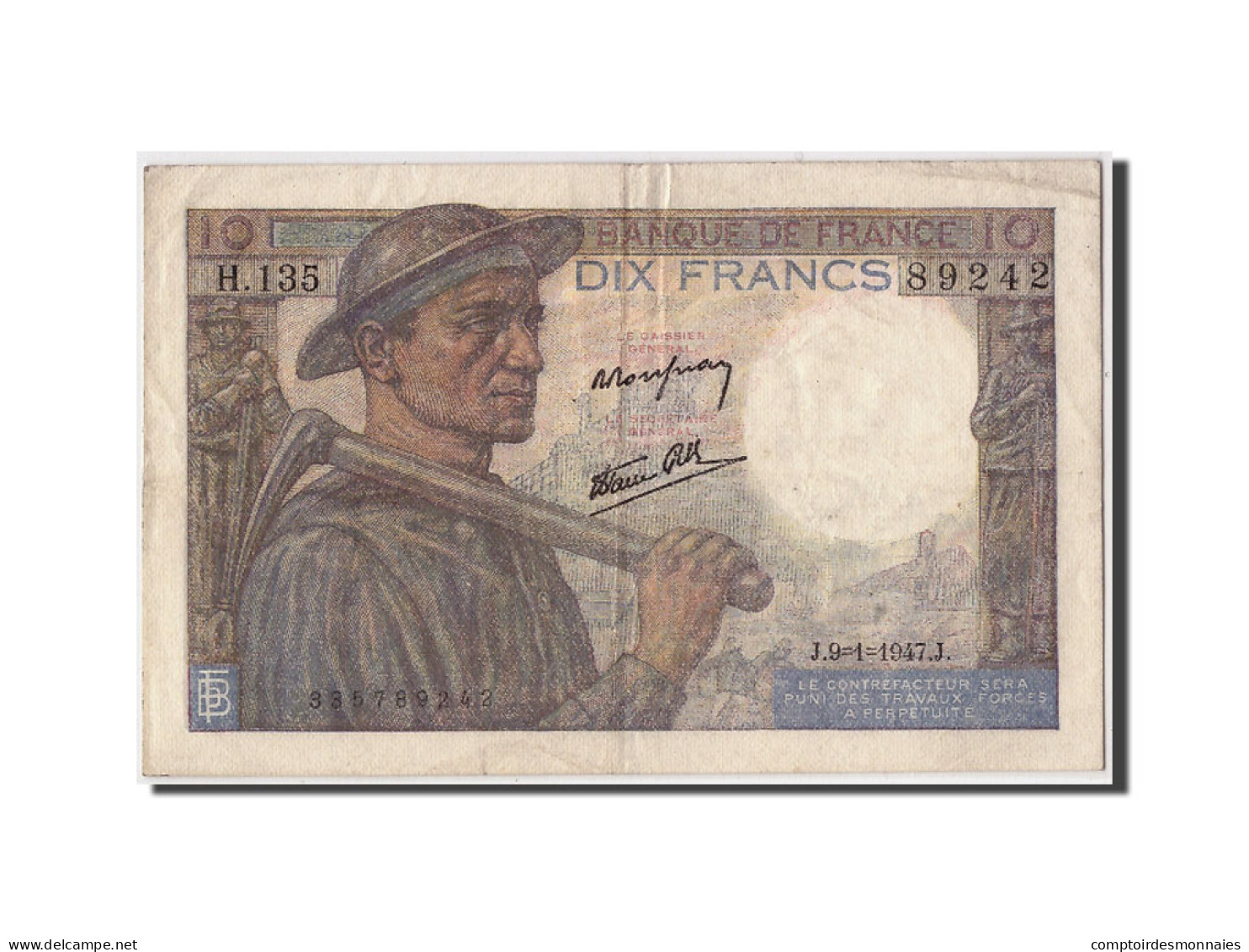 Billet, France, 10 Francs, 10 F 1941-1949 ''Mineur'', 1947, 1947-01-09, TTB+ - 10 F 1941-1949 ''Mineur''