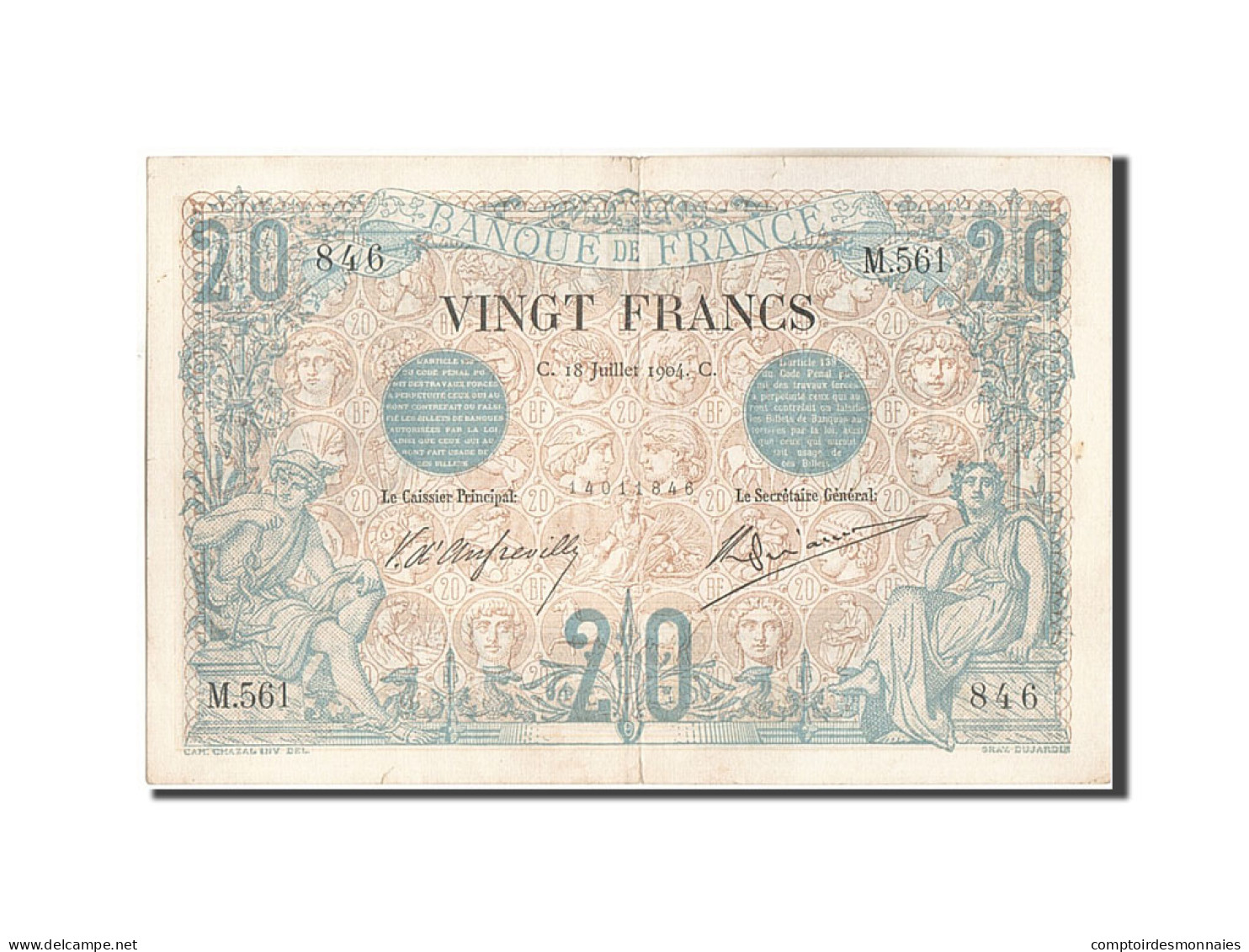 Billet, France, 20 Francs, 20 F 1874-1905 ''Noir'', 1904, 1904-07-18, TTB+ - 20 F 1874-1905 ''Noir''