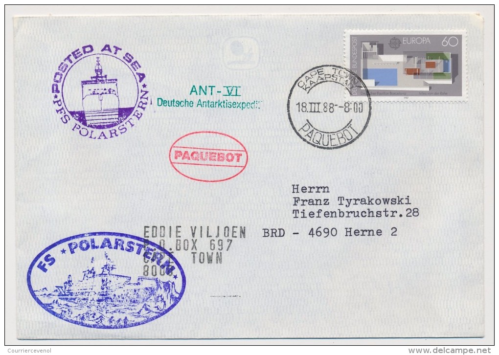 Allemagne / Afrique Du Sud - Enveloppe Cape Town Paquebot + PFS Polarstern Posted At Sea - 1988 - Ships