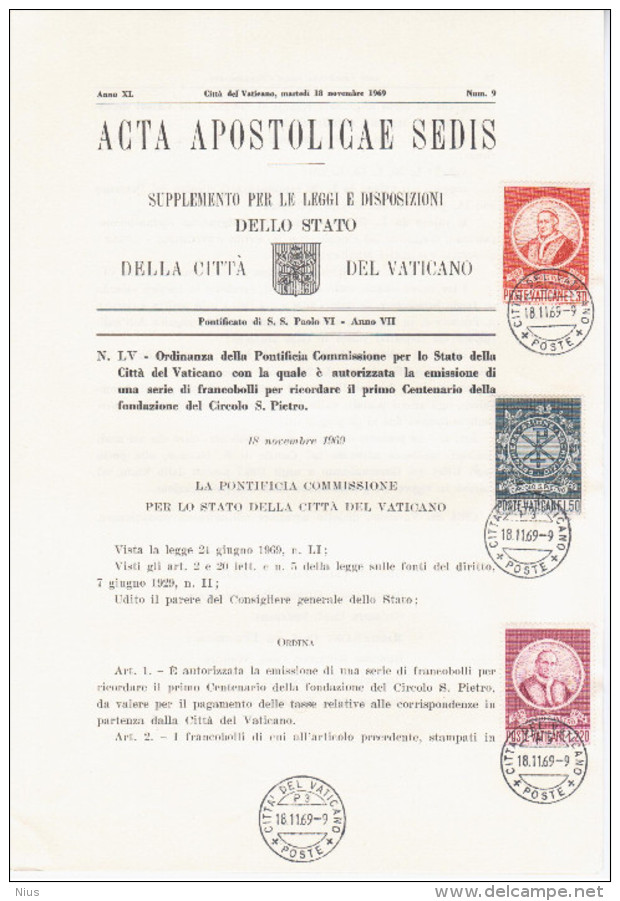 Vatican Vaticane Vaticano 1969 First Day Sheet - Carnets