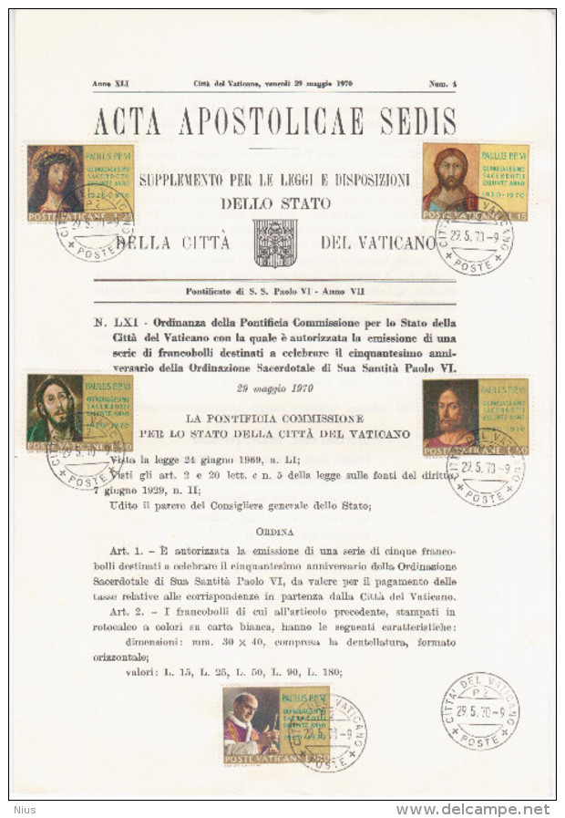 Vatican Vaticane Vaticano 1970 First Day Sheet - Carnets