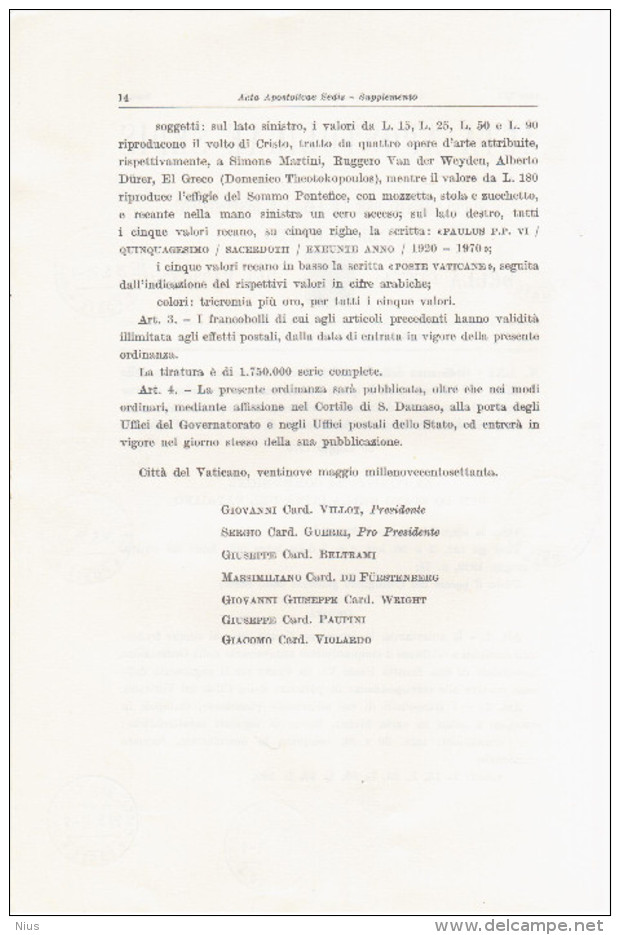Vatican Vaticane Vaticano 1970 First Day Sheet - Libretti