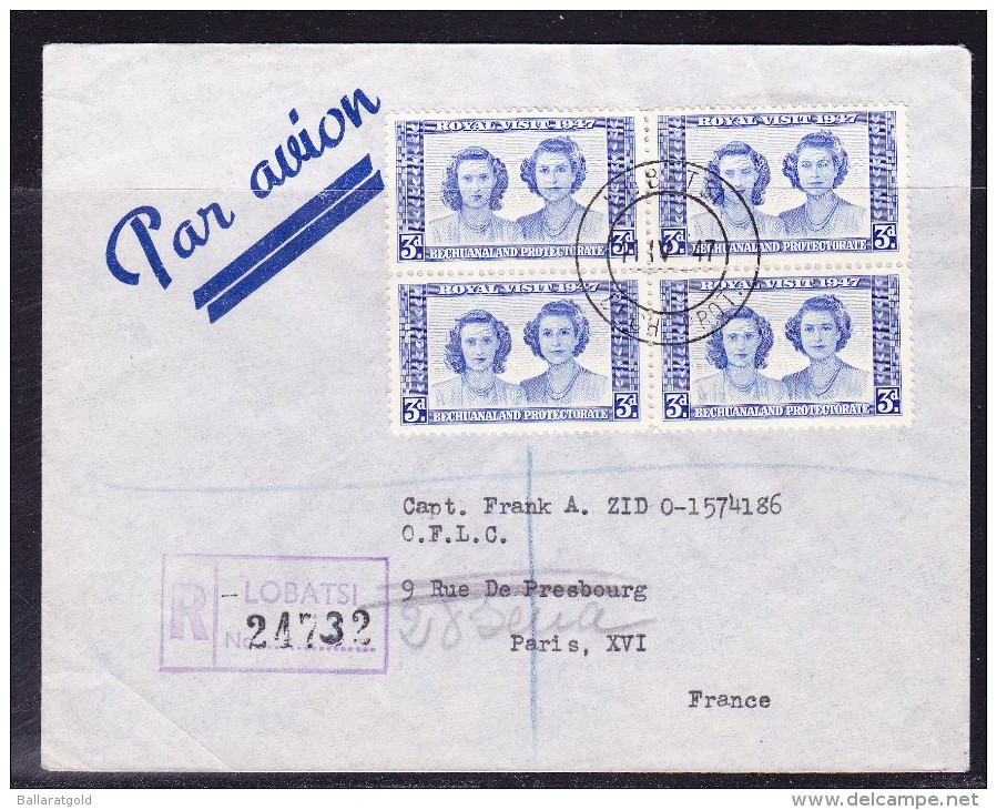 Bechuanaland  1947 Royal Visit REGISTERED R24732   Cover Lobatsi  To Paris - 1885-1964 Bechuanaland Protectorate