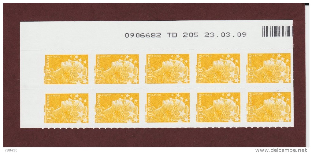 208  De  2008 - (4226) -neuf ** BLOC BANDE COIN DATE & Nté.. De 10 Timbres. Adhésif  Marianne.Beaujard .  0.01€ . Jaune - 2008-2013 Marianne De Beaujard