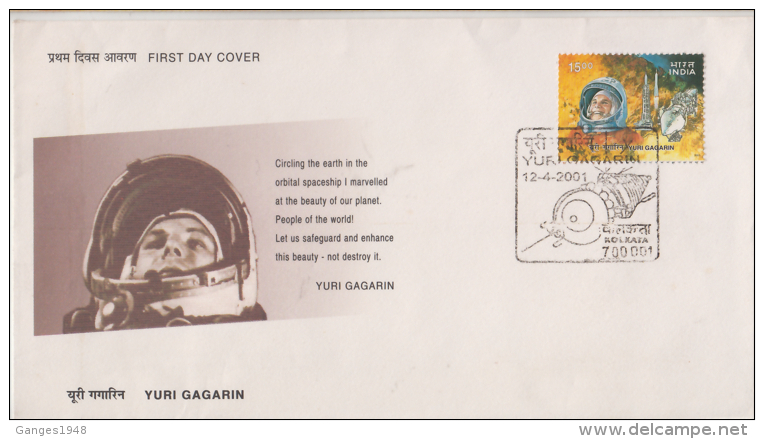 India  2001  Space  Yuri Gagarin  KOLKATA  First Day Cover # 89234  Inde Indien - Asie