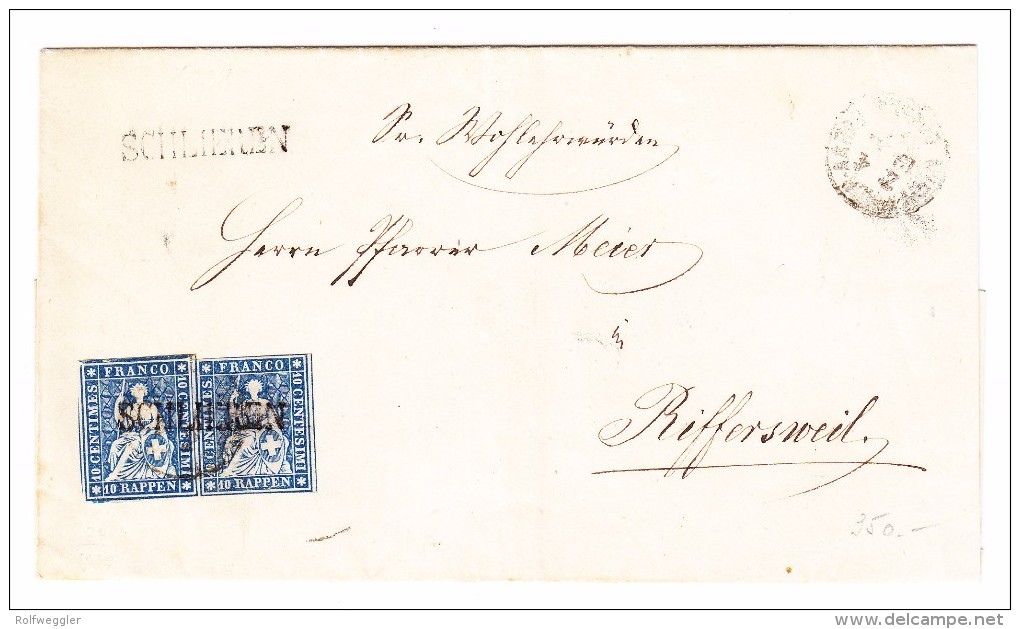 Heimat ZH SCHLIEREN Langstempel Auf Waagrechtes Paar 10Rp. Strubel Brief Hülle (19.11.1861) Nach Rifferswil - Storia Postale