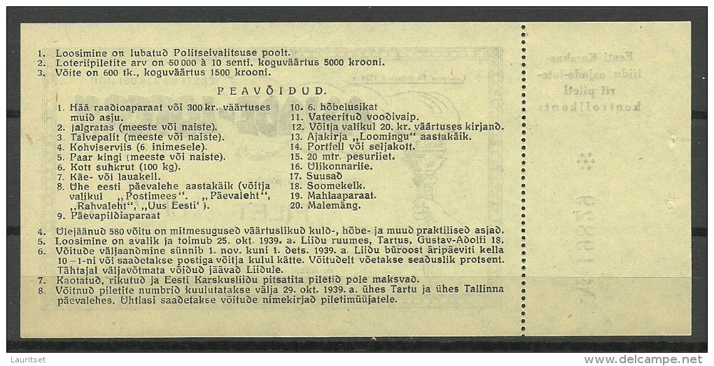 Estonia Estonie Estland 1939 Lottery Ticket Lotterilos UNC !! - Lotterielose