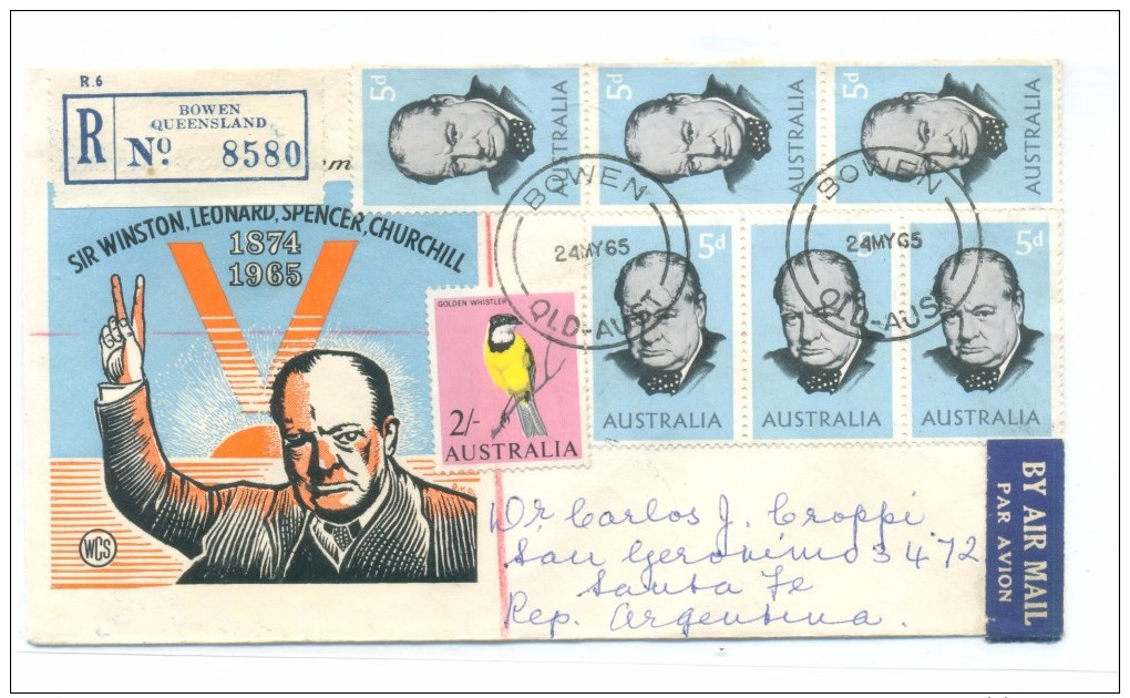 AUSTRALIA, 24.5.1965 REGISTERED CHURCHILL FDC FROM BOWEN, QLD. TO SANTA FE, ARGENTINA - Premiers Jours (FDC)