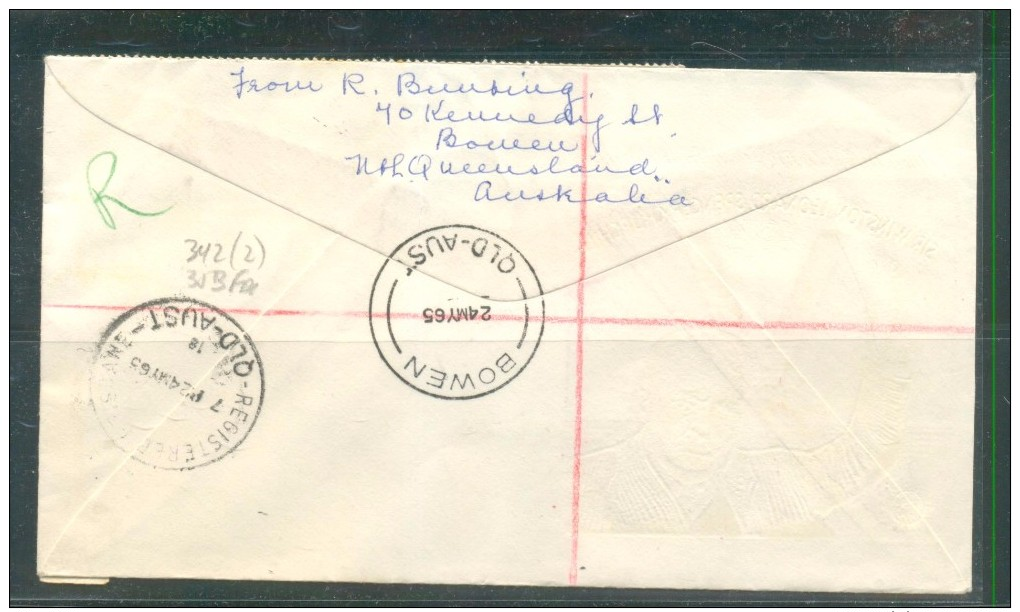 AUSTRALIA, 24.5.1965 REGISTERED CHURCHILL FDC FROM BOWEN, QLD. TO SANTA FE, ARGENTINA - Premiers Jours (FDC)