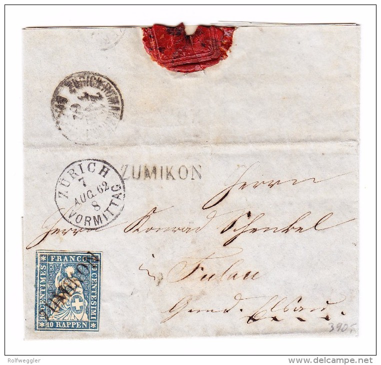 Heimat ZH ZUMIKON Balkenstempel 10Rp Strubel Auf Brief  7.8.1862 - Lettres & Documents