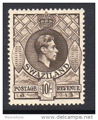 Swaziland GVI 1938 10/- Definitive, Perf. 13½x13, Very Lightly Hinged Mint - Swaziland (...-1967)