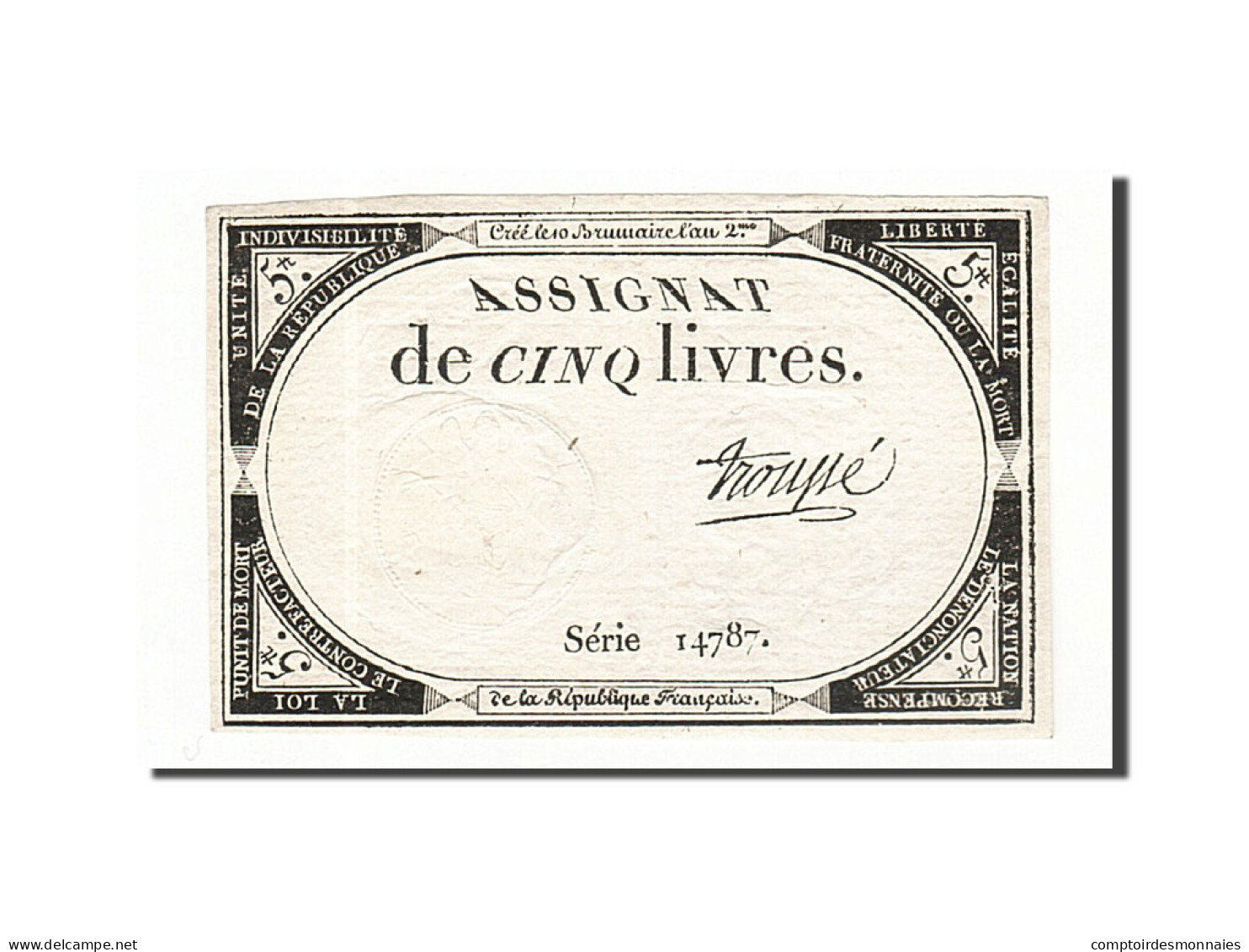 Billet, France, 5 Livres, 1793, 1793-10-31, Troupé, TTB+, KM:A76, Lafaurie:171 - Assignate