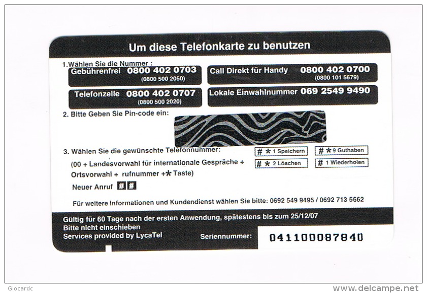 GERMANIA (GERMANY)  - LYCATEL   (REMOTE) - EUROPE (MAP) -  MINT  -  RIF. 8994 - GSM, Voorafbetaald & Herlaadbare Kaarten