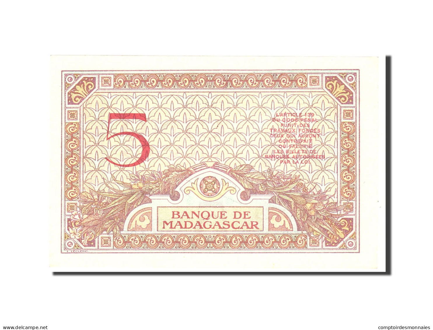 Billet, Madagascar, 5 Francs, 1937, Undated, KM:35, SPL - Madagaskar