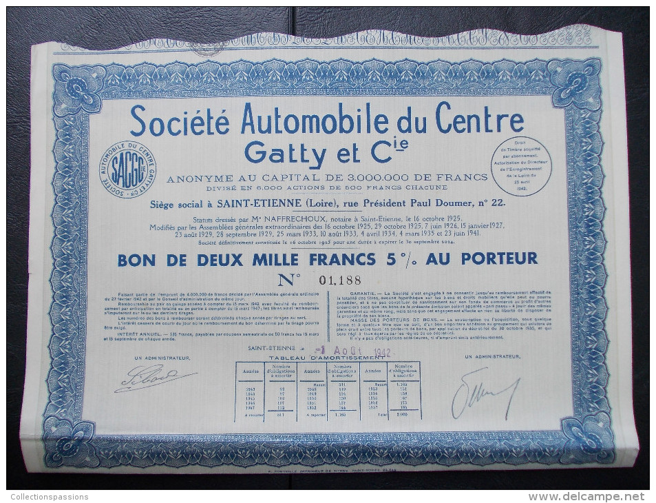 Magnifique Action Décorée. Automobile Du Centre Gatty Et Cie. Bon De 2000 Francs 5% Au Porteur - Automobilismo