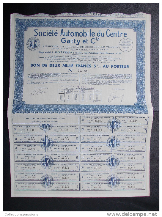 Magnifique Action Décorée. Automobile Du Centre Gatty Et Cie. Bon De 2000 Francs 5% Au Porteur - Automobile