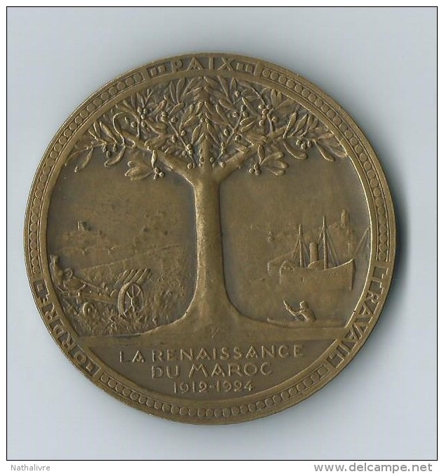 Médaille Bronze 1926 Graveur S.E. VERNIER Maréchal LYAUTEY La Renaissance Du Maroc 1912-1924.. - Other & Unclassified