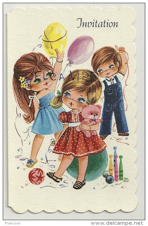 Carte Double. Invitation à Une Communion. Enfants, Nounours, Ballons, Quilles. 8,5/13,5 Cm - Comuniones