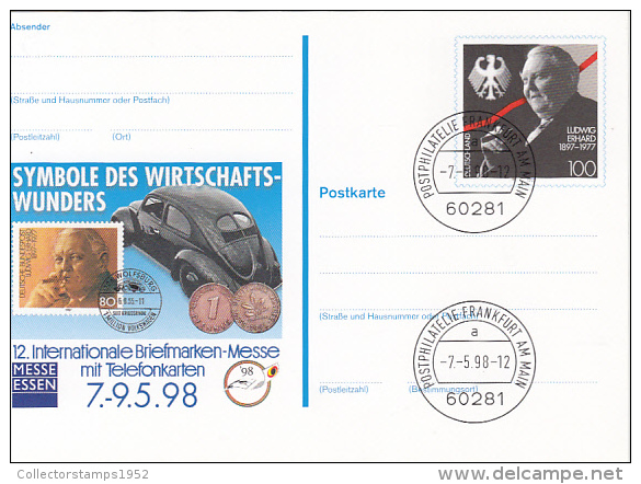 35961- LUDWIG ERHARD, CAR, COINS, ESSEN FAIR, POSTCARD STATIONERY, 1998, GERMANY - Cartes Postales Illustrées - Oblitérées