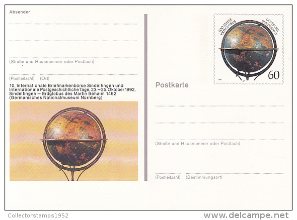 35963- EARTH GLOBE, SINDELFINGEN PHILATELIC EXHIBITION, POSTCARD STATIONERY, 1992, GERMANY - Illustrated Postcards - Used