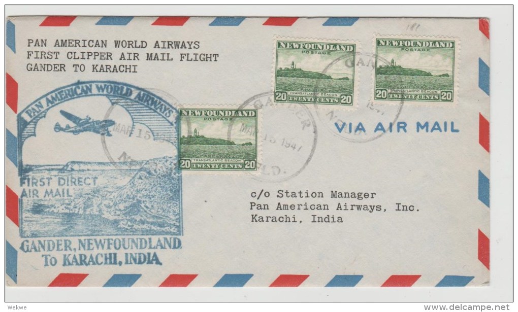 C-St016a/  KANADA - Erstflug Gander-Karachi 1947, 3 X 20 Cents Leuchtturm - Lettres & Documents