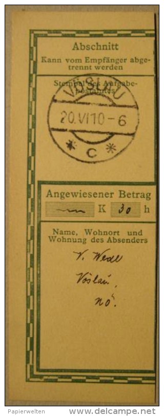 2540 Bad Vöslau - Abschnitt Einer Postanweisung 1910 - Maschinenstempel (EMA)