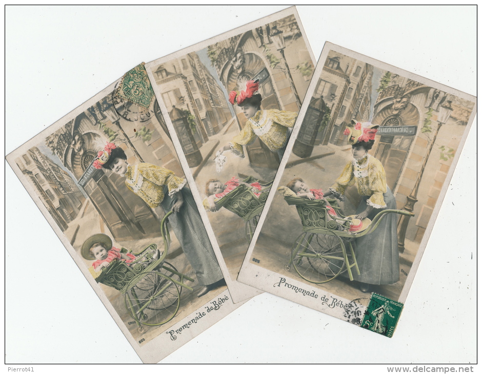 FEMMES - FRAU - LADY - BEBES - LOT De 3 Jolies Cartes Fantaisie Femme Avec Landau "Promenade De Bébé " - Femmes