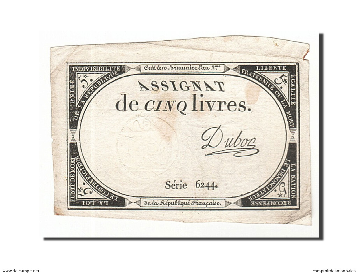 Billet, France, 5 Livres, 1793, 1793-10-31, Dubosc, TTB, KM:A76, Lafaurie:171 - Assignate