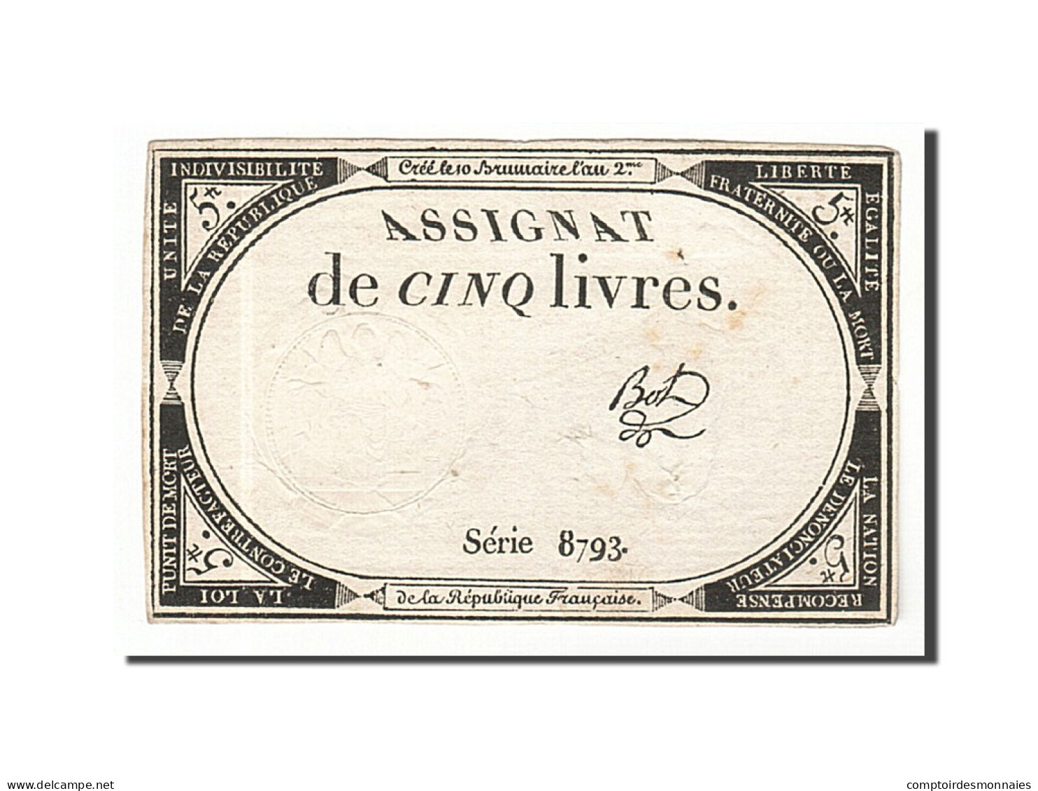 Billet, France, 5 Livres, 1793, 1793-10-31, Bot, TTB, KM:A76, Lafaurie:171 - Assignats