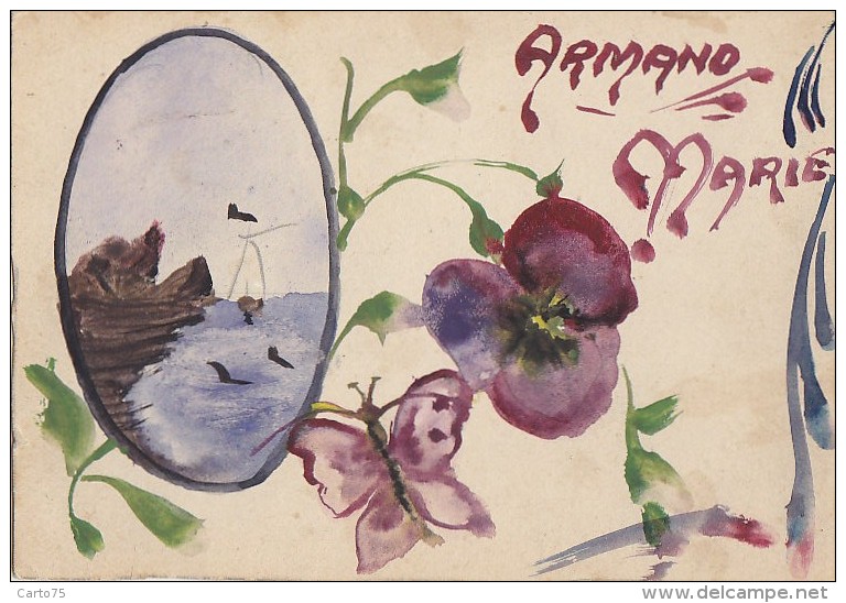 Fantaisies -  Carte Peinte - Prénom Armand Marie - Papillon - Peintre Poilu Versailles 1917 - Autres & Non Classés