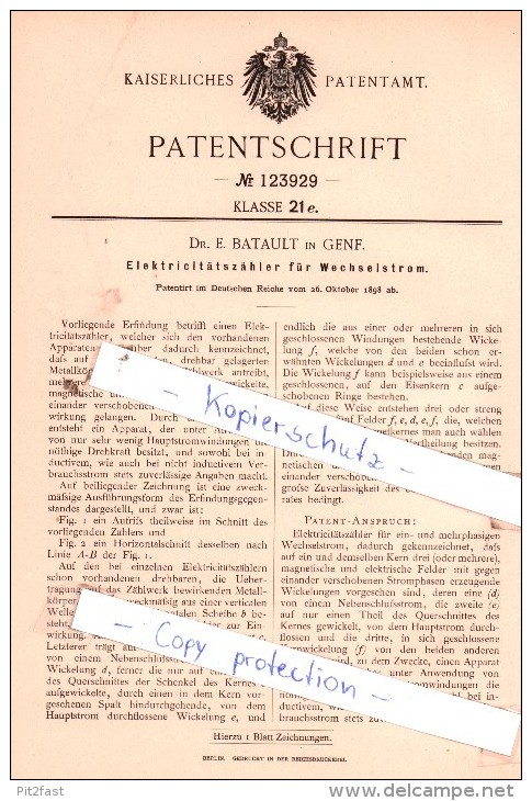 Original Patent  - Dr. E. Batault In Genf , 1898 , Elektricitätszähler Für Wechselstrom !!! - Documents Historiques