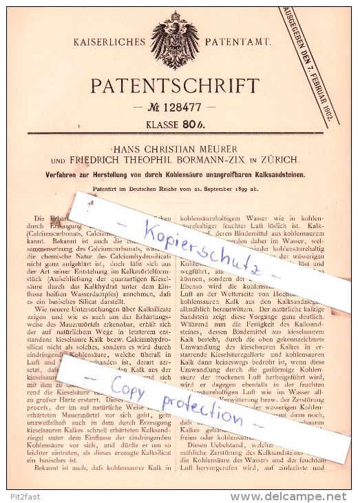 Original Patent  - Hans Christian Meurer Und Friedrich Theophil Bormann-Zix In Zürich , 1899 ,!!! - Documentos Históricos