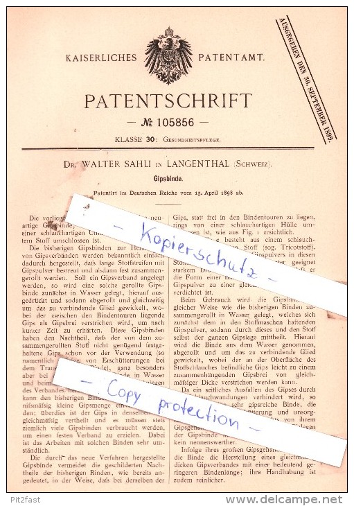 Original Patent  - Dr. Walter Sahli In Langenthal , Schweiz , 1898 , Gipsbinde !!! - Documentos Históricos