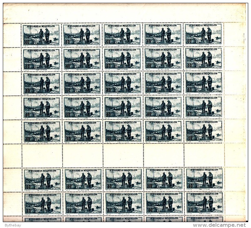 St Pierre Et Miquelon MNH Scott #182 Full Sheet Of 50 40c Port St. Pierre Variety: Splash In Water In Front Of Boat P1/2 - Blocs-feuillets