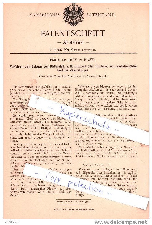 Original Patent  - Emile De Trey In Basel , 1895 , Verfahren Zum Belegen Von Blattmetall !!! - Documents Historiques