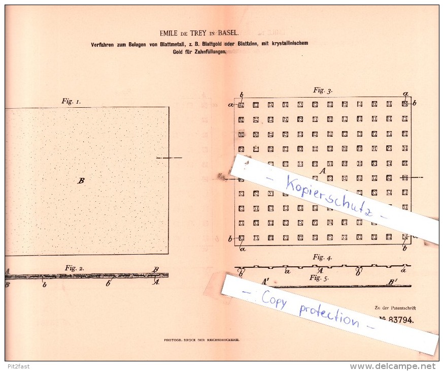 Original Patent  - Emile De Trey In Basel , 1895 , Verfahren Zum Belegen Von Blattmetall !!! - Documents Historiques