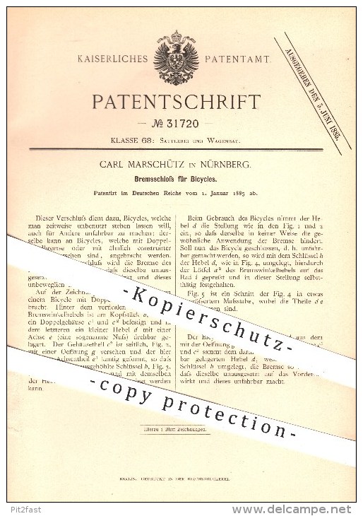 Original Patent - Carl Marschütz In Nürnberg , 1885 , Bremsschloss Für Bicycles , Schloss , Fahrrad , Fahrräder , Rad !! - Historische Dokumente