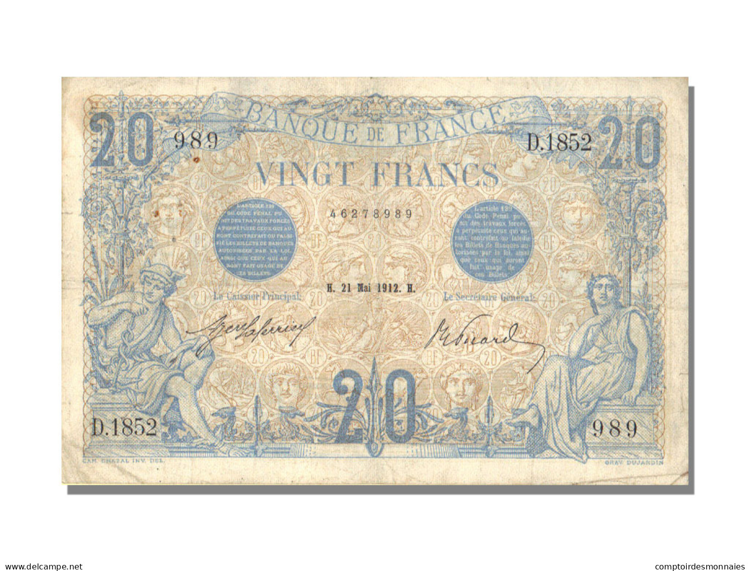 Billet, France, 20 Francs, 20 F 1905-1913 ''Bleu'', 1912, 1912-05-21, TTB+ - 20 F 1905-1913 ''Bleu''