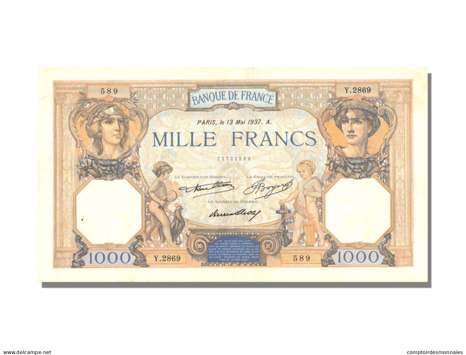 Billet, France, 1000 Francs, 1 000 F 1927-1940 ''Cérès Et Mercure'', 1937 - 1 000 F 1927-1940 ''Cérès Et Mercure''