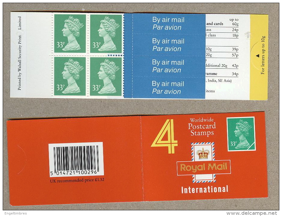 GB 16/09/91 - 4 X 33p - Side Tab - For Letters Up To 10g - 1991- Crown Low Setting - Booklets