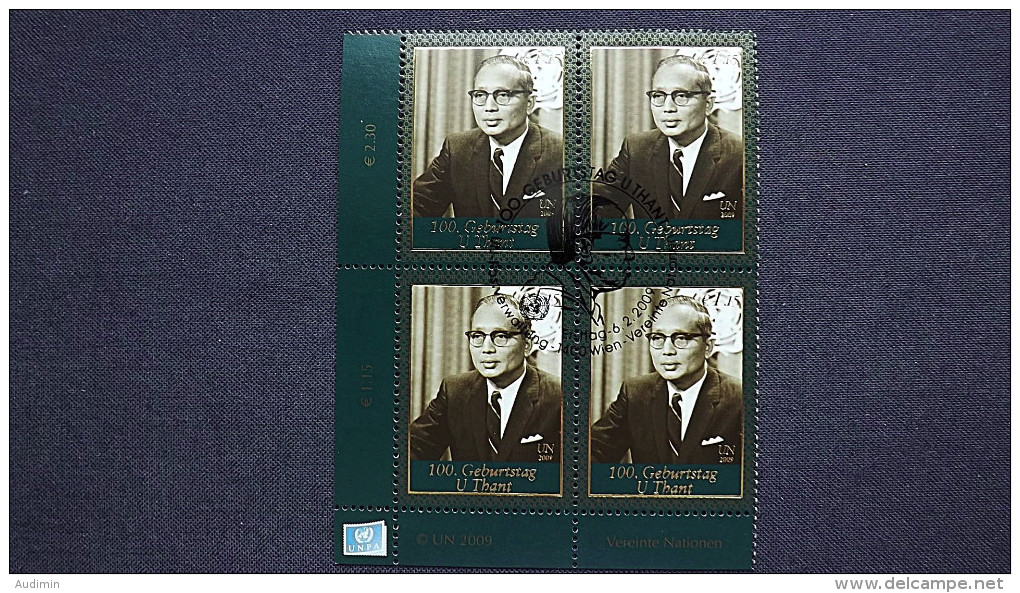 UNO-Wien 587 Oo/FDC-cancelled Eckrandviererblock ´C´, Sithu U Thant (1909-1974), UNO-Generalsekretär - Used Stamps