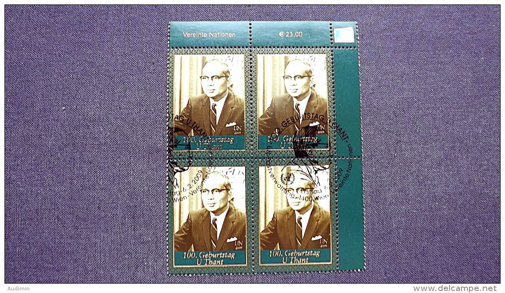 UNO-Wien 587 Oo/FDC-cancelled Eckrandviererblock ´B´, Sithu U Thant (1909-1974), UNO-Generalsekretär - Used Stamps