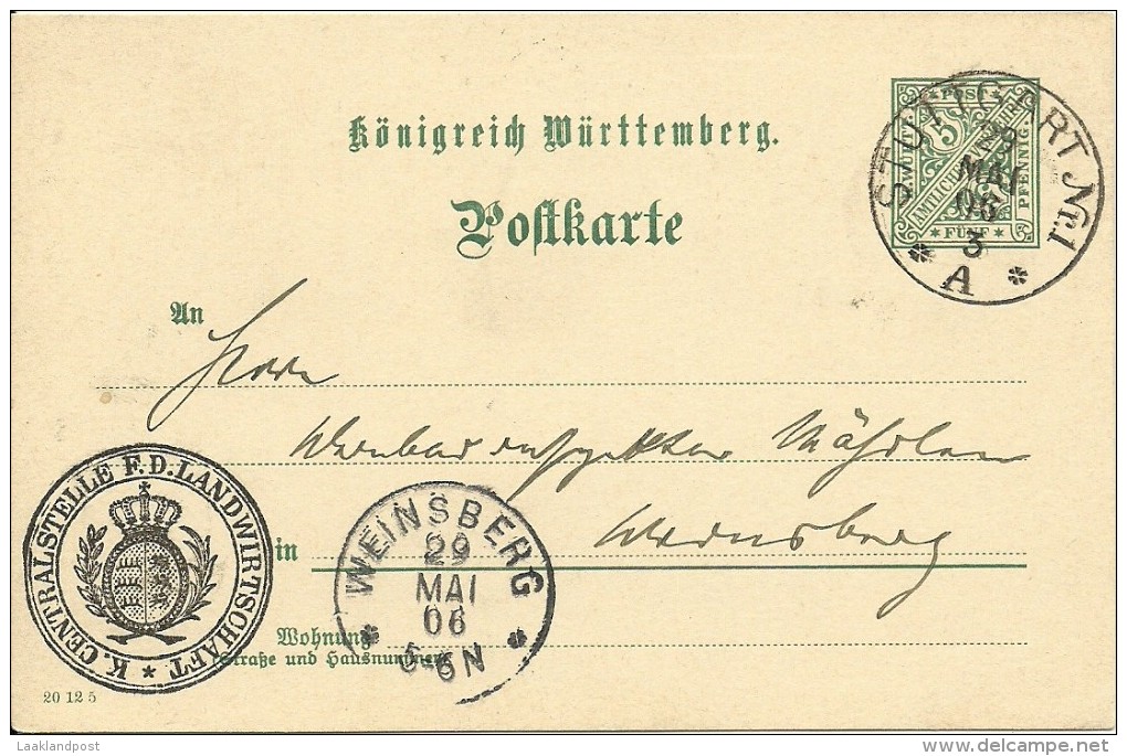 Wuertemberg 29/5/1906 5pf Official Postcard Stuttgart To Weinsberg - Andere & Zonder Classificatie
