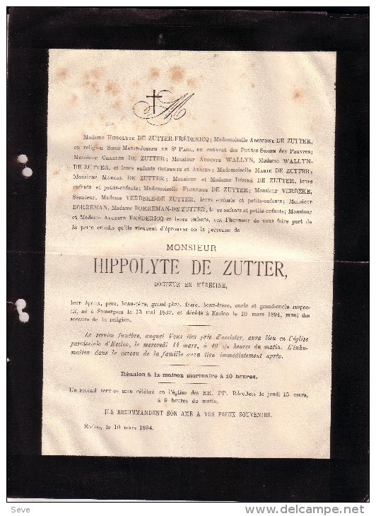 SOMERGEM ZOMERGEM EEKLOO Docteur DE ZUTTER Hippolyte 1832-1894 Doodsbrief WALLYN FREDERICQ - Obituary Notices