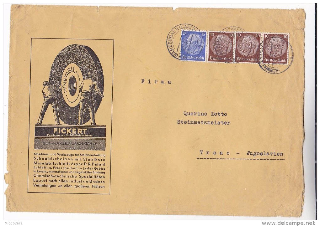 1937 GERMANY Illus ADVERT COVER To YUGOSLAVIA, MINETABIL Mineral CHEMICAL ENGINEERING STONE DISC Schwarzenbach Stamp - Minerals