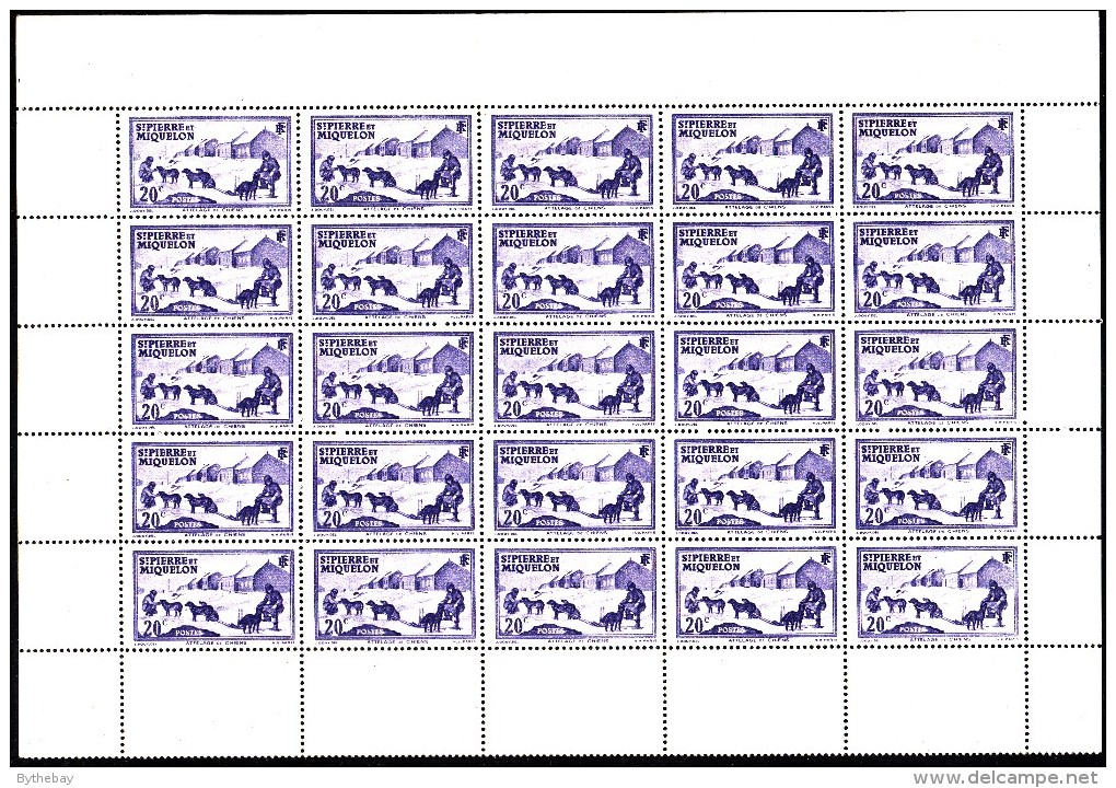 St Pierre Et Miquelon MNH Scott #178 Partial Sheet Of 25 20c Dog Sled Team - Blocs-feuillets