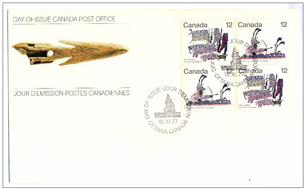 1977 Canada Inuit Hunting 12c Block First Day Cover - 1971-1980