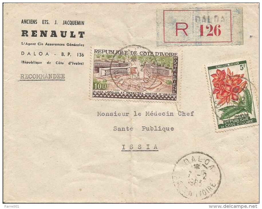 Cote D´Ivoire 1963 Daloa General Post Office Abidjan Plumeria Rubra Flowere Registered Cover - Ivoorkust (1960-...)